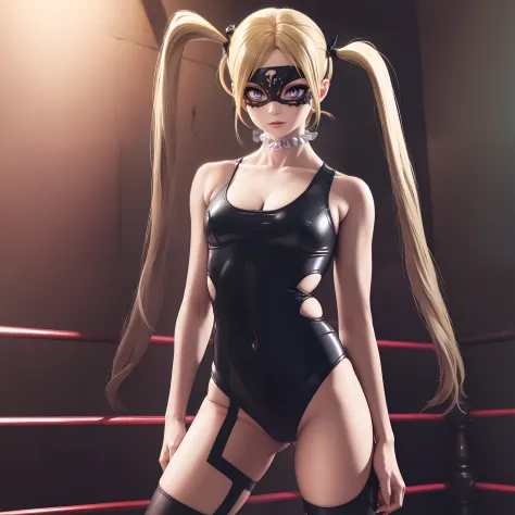 Rainbow Mika, Mind Control, Working for Evil, Blonde hair, Her eyes glow pink, Hair pulled back, Long hair, muscular, muscularwoman, A black mask covering the eyes, deadpan, Twin-tailed, BREAK bare shoulders, Black latex leotard, Clothes Cutout, domino mas...