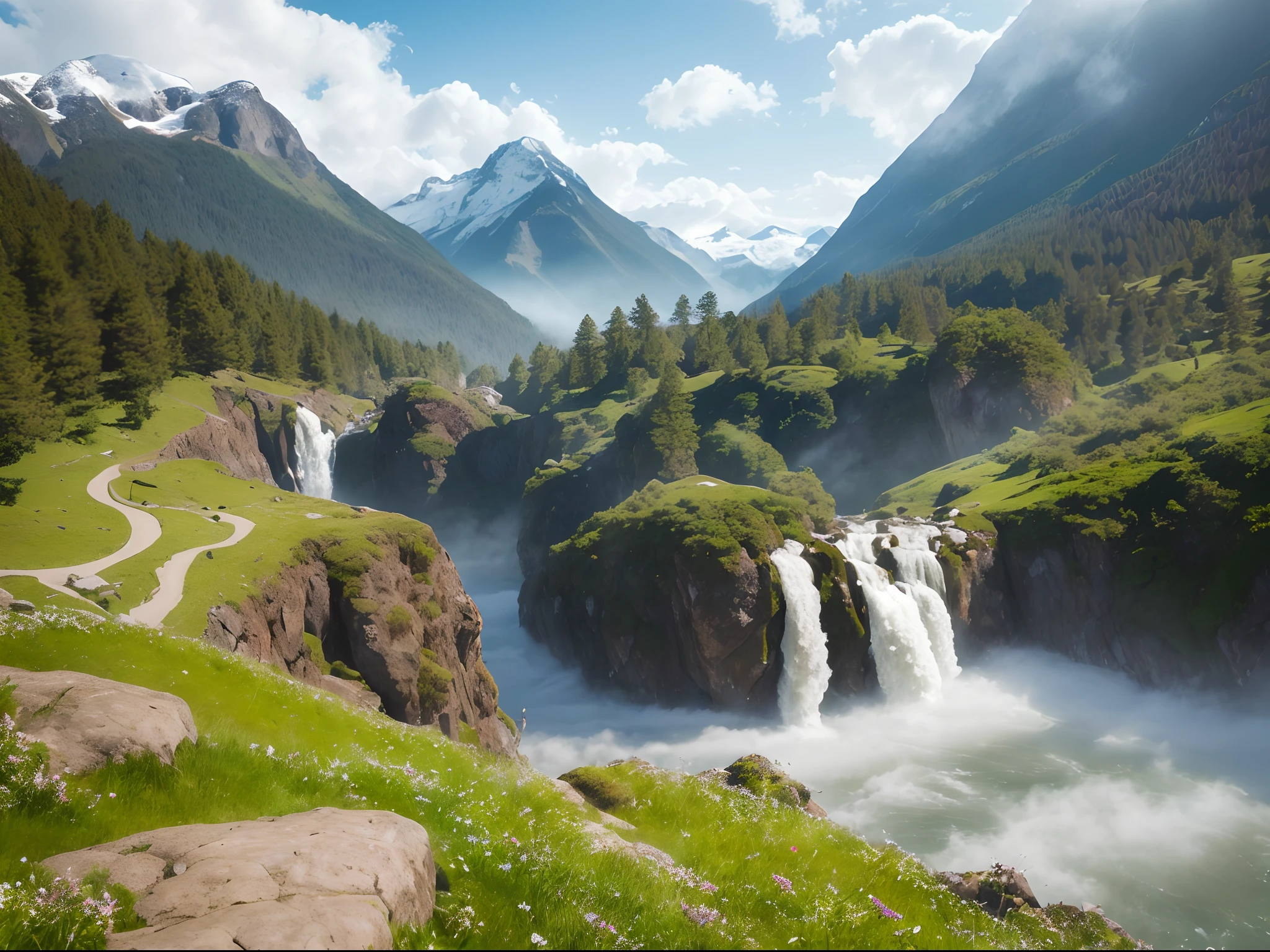 (masterpiece, high resolution, photorealistic:1.2), rolling mountains, snow-capped peaks, crystal clear stream, colorful wildflowers, (lush greenery:1.1), cascading waterfalls, (dramatic clouds:1.2), blue skies, serene atmosphere, (warm sunlight:1.1), distant forest, jagged rocks, (herd of grazing deer:1.3), peaceful, (misty fog:1.2), cool colors, diagonal shot, looking down, richly textured terrain, intricate details in the rocks and grass, (shadows cast by the clouds:1.1), (painted-like quality:1.2).