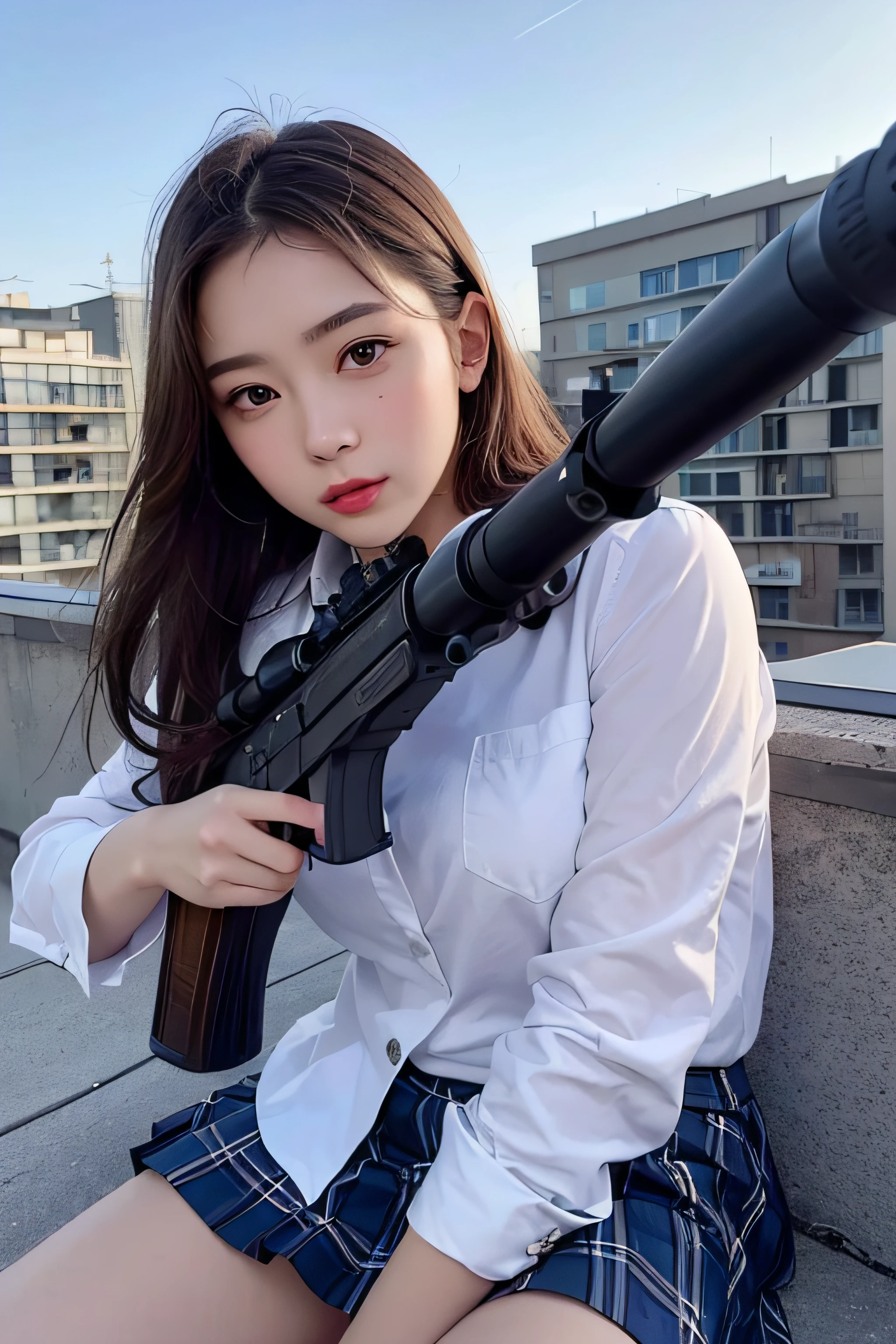 1womanl、(Super beautiful)、(beauitful face:1.5)、(A detailed face)、is standing、(high-school uniform)、Dark blue jacket、white  shirt、neck tie、Plaid mini skirt、Brown hair、(Dark makeup)、(holding rifle)、(Aim your rifle:1.5)、h&K HK416、(On the roof of a high-rise building)