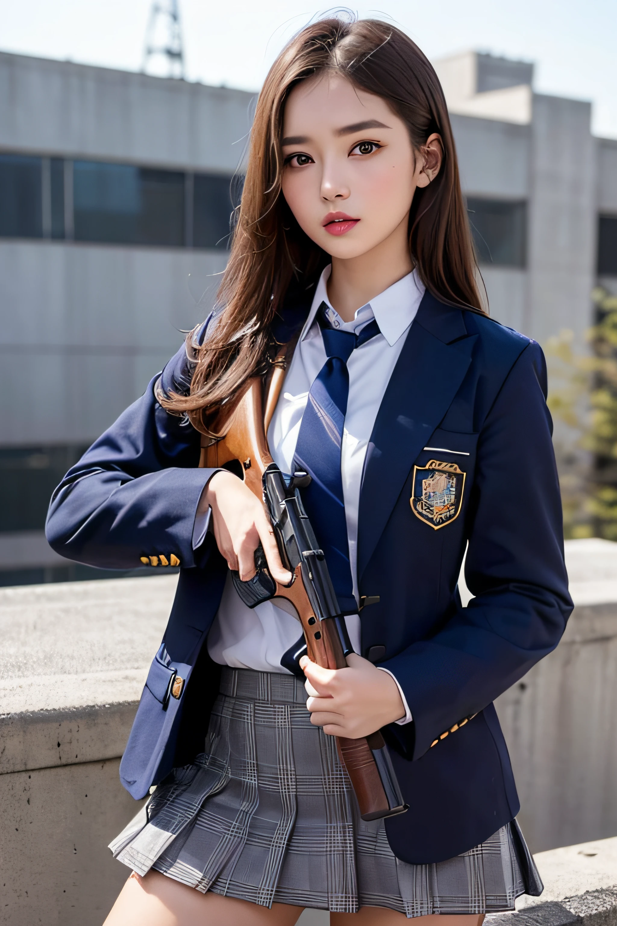 1womanl、(Super beautiful)、(beauitful face:1.5)、(A detailed face)、is standing、(high-school uniform)、Dark blue jacket、white  shirt、neck tie、Plaid mini skirt、Brown hair、(Dark makeup)、(holding rifle)、(Aim your rifle:1.5)、h&K HK416、(On the roof of a high-rise building)