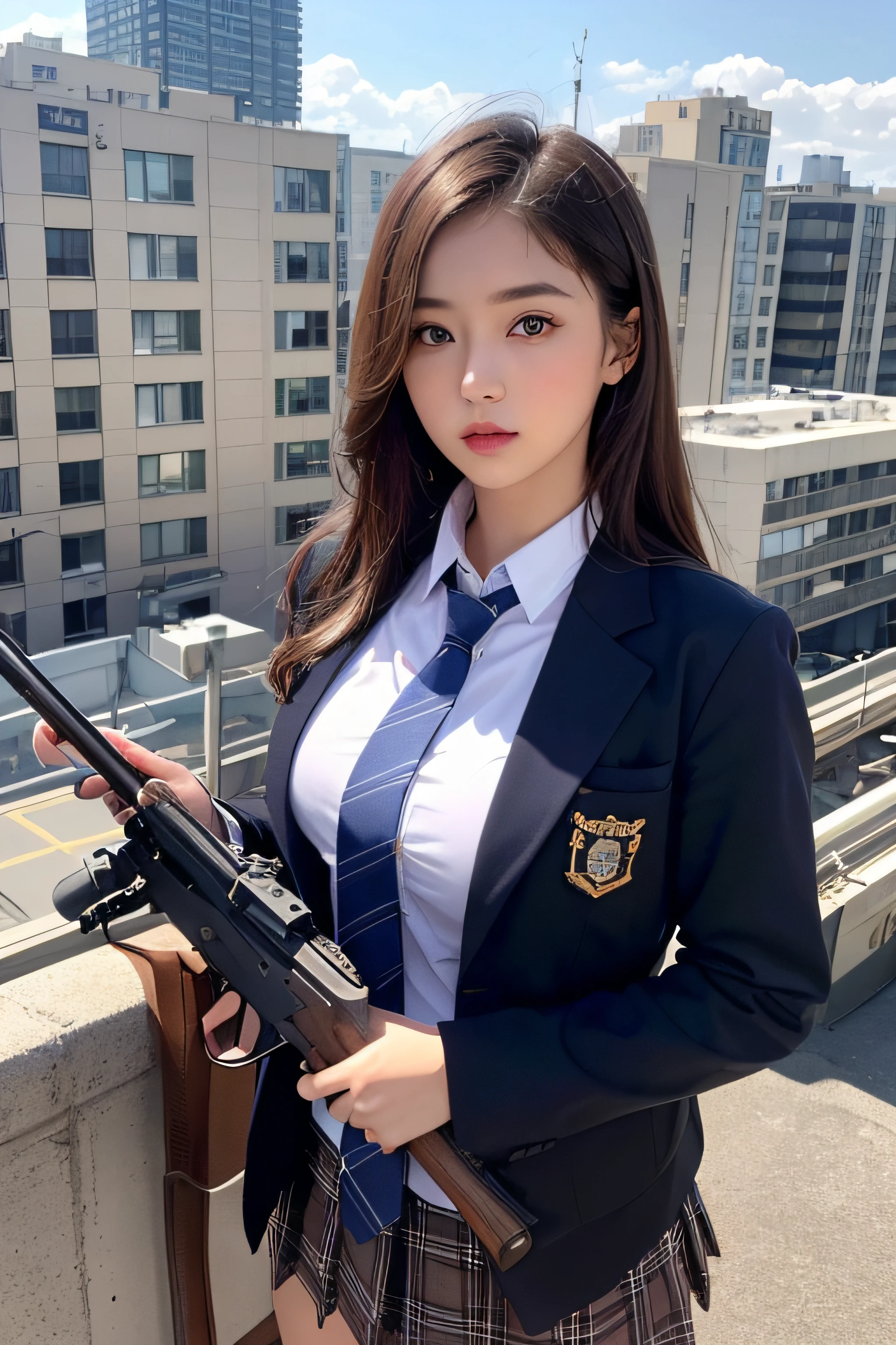 1womanl、(Super beautiful)、(beauitful face:1.5)、(A detailed face)、is standing、(high-school uniform)、Dark blue jacket、white  shirt、neck tie、Plaid mini skirt、Brown hair、(Dark makeup)、(holding rifle)、(Aim your rifle:1.5)、h&K HK416、(On the roof of a high-rise building)