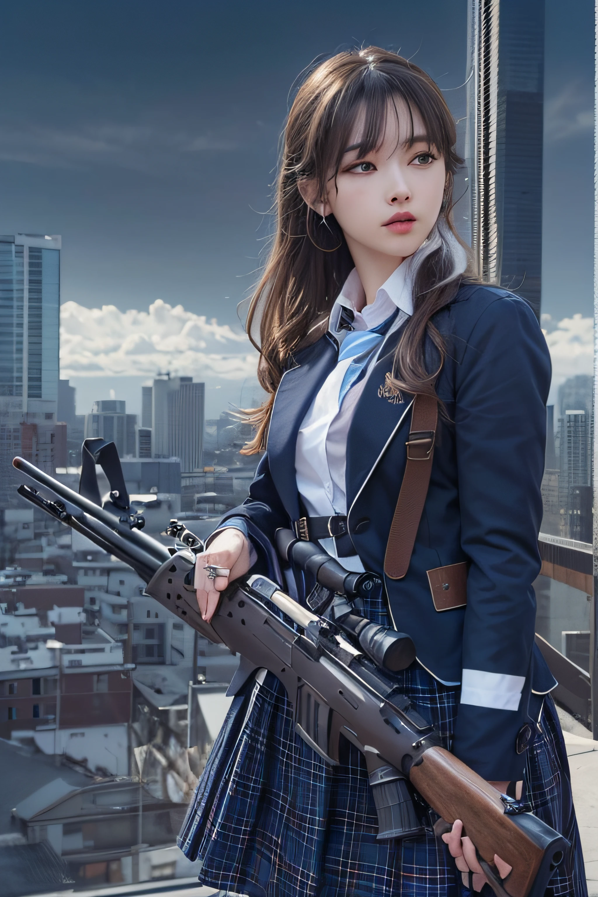 1womanl、(Super beautiful)、(beauitful face:1.5)、(A detailed face)、is standing、(high-school uniform)、Dark blue jacket、white  shirt、neck tie、Plaid mini skirt、Brown hair、(Dark makeup)、(holding rifle)、(Aim your rifle:1.5)、h&K HK416、(On the roof of a high-rise building)