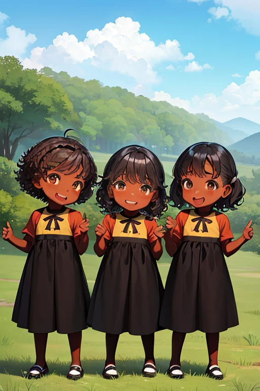 ((3 black children)), ((4 year old girls)), ((black triplets)), laughing, playing, Brazilian nature landscape, ((brown eyes)), ((short black curly hair)), ( (hair tied back)), colorful clothes, better quality, beautiful, childish, cute