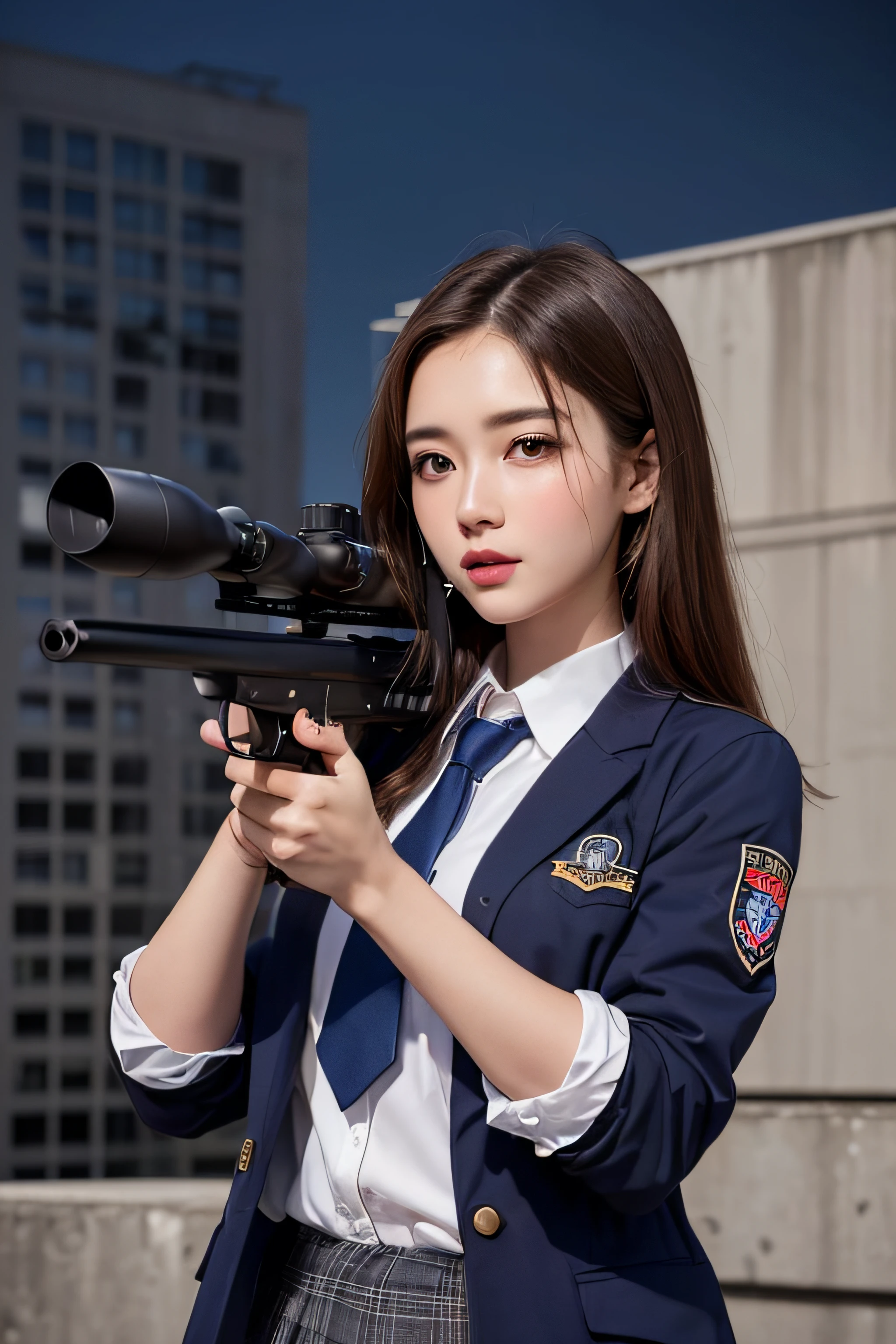 1womanl、(Super beautiful)、(beauitful face:1.5)、(A detailed face)、is standing、(high-school uniform)、Dark blue jacket、white  shirt、neck tie、Plaid mini skirt、Brown hair、(Dark makeup)、(holding rifle)、(Aim your rifle:1.5)、h&K HK416、(On the roof of a high-rise building)