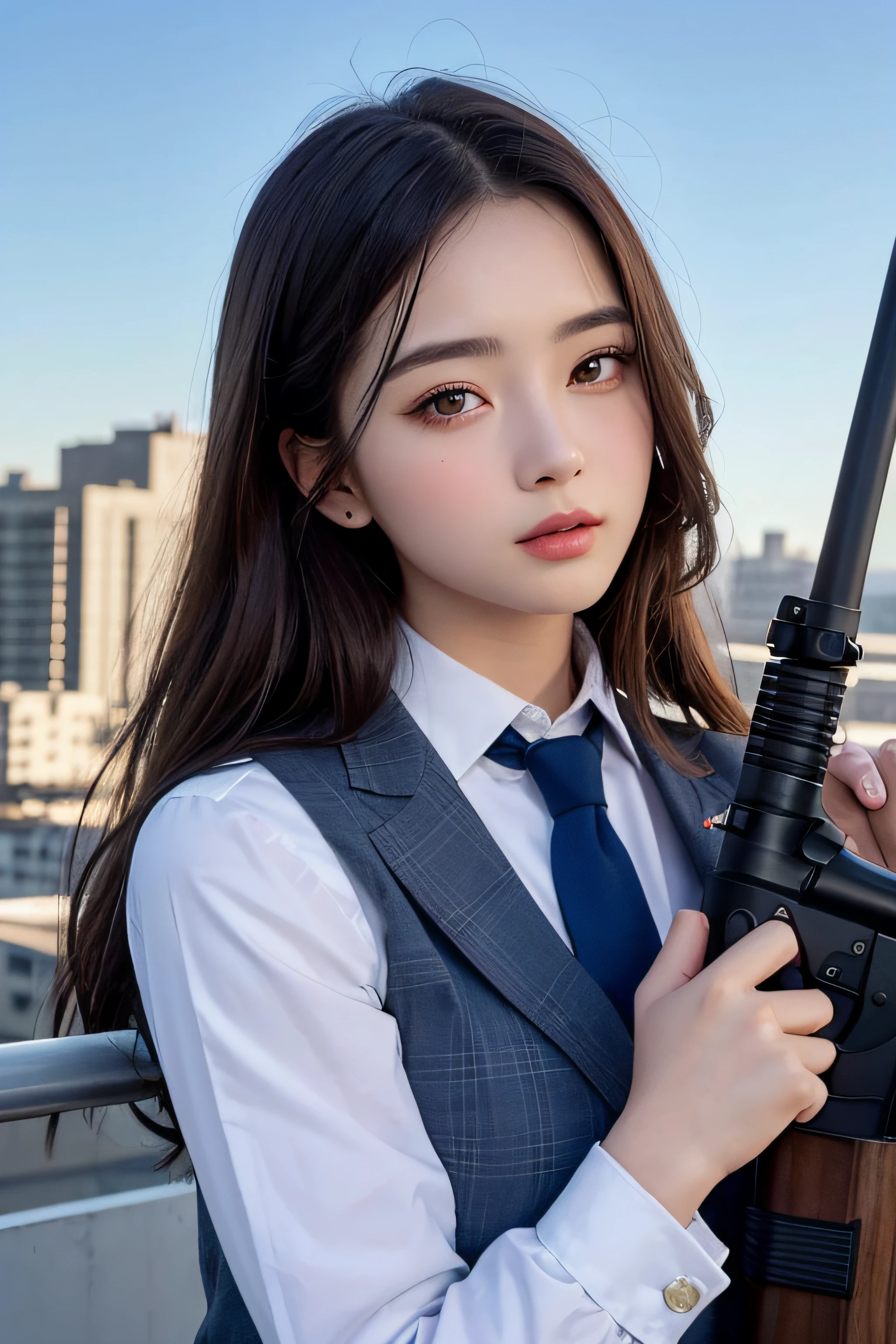 1womanl、(Super beautiful)、(beauitful face:1.5)、(A detailed face)、is standing、(high-school uniform)、Dark blue jacket、white  shirt、neck tie、Plaid mini skirt、Brown hair、(Dark makeup)、(holding rifle)、(Aim your rifle:1.5)、h&K HK416、(On the roof of a high-rise building)