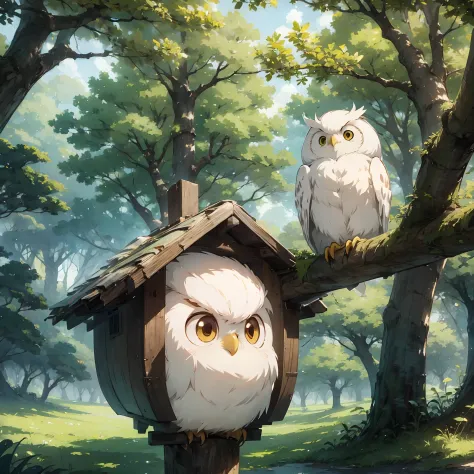 an small white owl, sit on nest, forest background, cute owl, studio ghibli anime, draw by studio ghibli, soft warm color pallet...