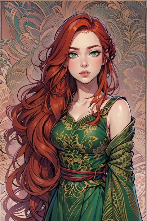 beautiful, redhead, long hair, side part hairstyle, dark green eyes, queen