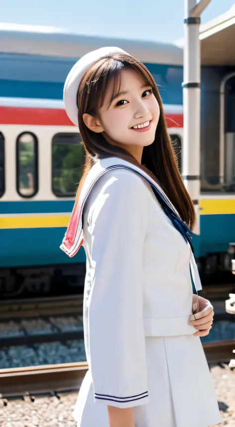 Ultra high-definition images, 1girl in, Solo, tree,Outdoors, White top and bottom sailor suit,Full Body Image Cloud, Brown hair,  High-Definition Lens,fullbody image,At the train station，In the crowd， Smile and turn to me，
