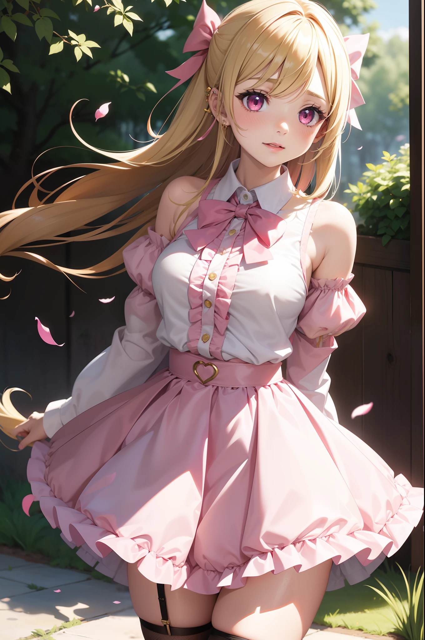 1girl, solo, jirai kei, pink top, bow tie, long hair, streaky hair, pink streaks, blonde hair, thick lips, pink eyes, heterochromia, light smile, cowboy shot, hair clips, garter belt, fishnets outdoors, forest, flower petals, ray tracing, long sleeve shirt, miniskirt, bare shoulder, huge breasts, realistic, hair ribbons, ear piercings