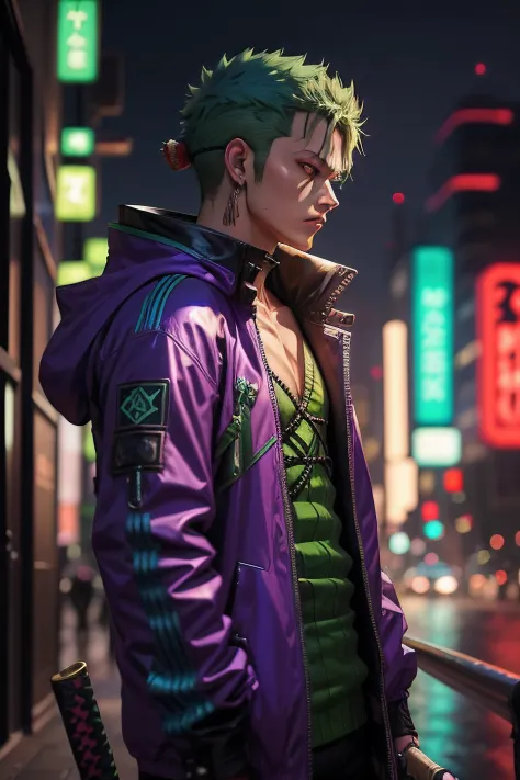 a man with green hair and a purple jacket holding a katana, cyberpunk art inspired by munakata shikō, tumblr, digital art, ufota...