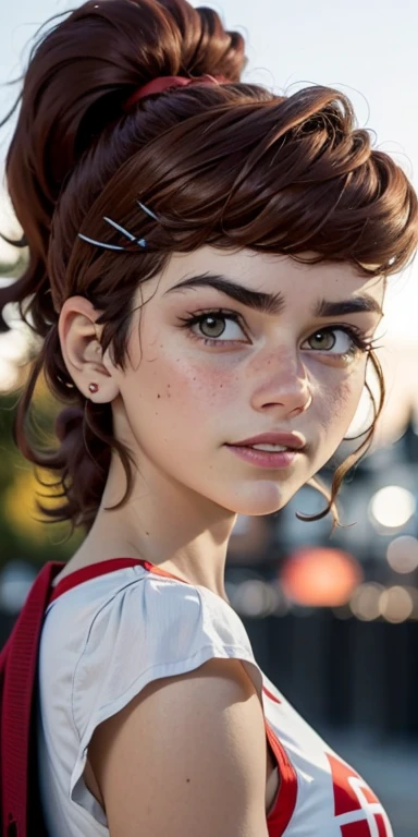 Photo of a 15-year-old European girl, .RAW, beautiful woman, (Light brown hair with ponytail hairstyle ), peinado de cola de caballo ((retrato)), ((Cara detallada:1.2)), ((Detailed facial features)), (Piel finamente detallada), Pale skin, ojos azules  , con pecas en mejillas y pecho ,parque, Noria de Londres、lindo vestido rojo largo con escote ,  、senos grandes , pechos  grandes ,  usando zapatillas, gran sonrisa (cool color), humid, humid, Reflectores, (Masutepiece) (proporciones perfectas)(fotos realistas)(La mejor calidad) (Detallado) fotografiado con una EOS R5 de Canon, Lente de 50 mm, f/2.8, NffSW, (8k) (papel tapiz) (cinematic lighting) (Dramatic lighting) (foco nítido) (Enrevesado) , parque , cuerpo  completo, hermoso cuerpo de mujer , posing for camera , waving at the camera , lindo maquillaje