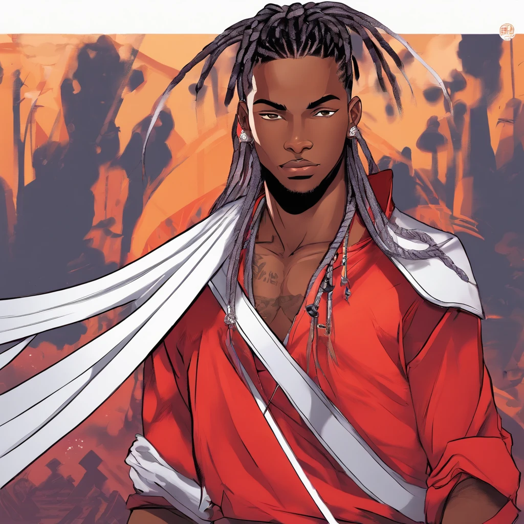 young black character, young male, anime. bleach anime style, red techwear outfit, , hero pose, long black braids with cornrows