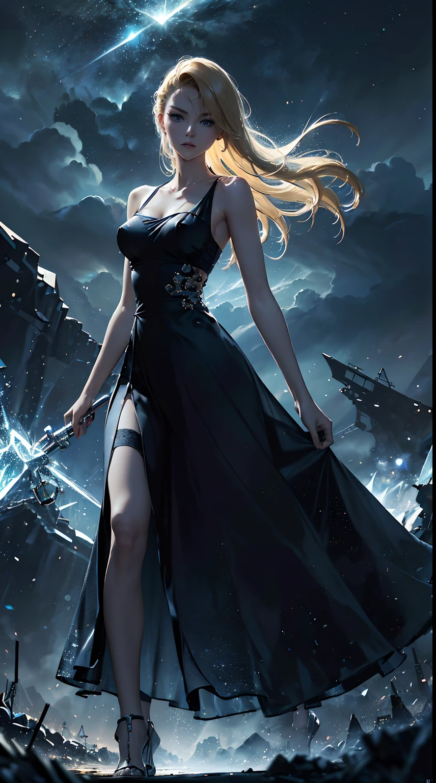 ((Best Quality, 8k, Masterpiece: 1.3)), Full Body, Focus Sharp: 1.2, Outstanding Beauty: 1.4, Slender Abs: 1.2, (((Blonde, Big: 1.2)), Tank Top Dress: 1.1, (Night City, Street: 1.1), Highly Detailed Face and Skin Texture, Detailed Eyes, Double Eyelids HD lighting and dark )<=(epic image quality)dark atmosphere with bright particle light(many effects in background)