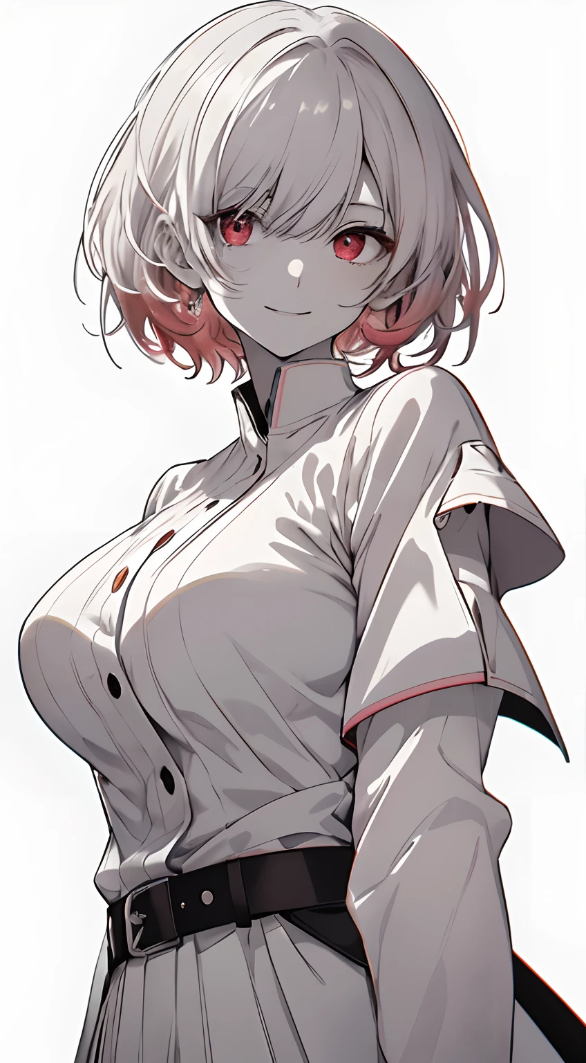Full body, White one-piece uniform,(masutepiece:1.2, Best Quality), (finely detailed beautiful eye: 1.2), (beautifull detailed face), High contrast, (Best Illumination, extremely delicate and beautiful), ((Cinematic Light)), Dramatic light, Intricate details,red eyes, large full breasts, Belt under the chest, White sailor suit, White skirt,pale peach-colored hair, (Pale white background:1.5), Short-cut hair, accurate hands, Look at me and smile, ruddy skin, hi-school girl,