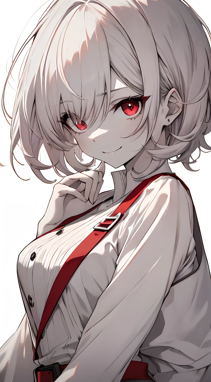 Full body, White one-piece uniform,(masutepiece:1.2, Best Quality), (finely detailed beautiful eye: 1.2), (beautifull detailed face), High contrast, (Best Illumination, extremely delicate and beautiful), ((Cinematic Light)), Dramatic light, Intricate details,red eyes, large full breasts, Belt under the chest, White sailor suit, White skirt,pale peach-colored hair, (Pale white background:1.5), Short-cut hair, accurate hands, Look at me and smile, ruddy skin, hi-school girl,
