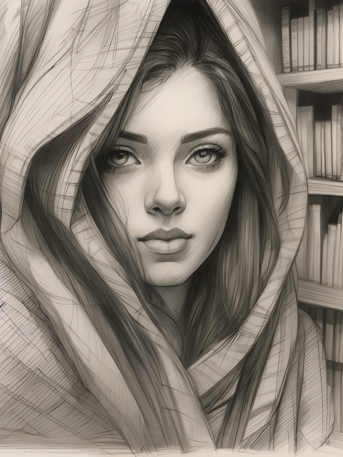 drawing of a woman,DRAPED IN an enigmatic CLOAK, Inside Enchanted Magical Library, Its shelves are adorned with MULTI COLORED books, realistic sketch, hyperrealistic sketch, detailed pencil sketch, pencil sketch, realistic digital drawing, detailed sketch drawing, highly detailed portrait, detailed 4 k drawing, pencil draw, highly detailed sketch, realistic drawing, extremely detailed portrait, detailed but rough, pencil drawing illustration, realism drawing, detailed sketch, sketch art,((high quality, masterpiece:1.4)), 1girl, ((upper body)), portrait sketch, messy drawing, messy charcoal spots, unfinished sketch, sketchbook charcoal style drawing of a woman, sketchbook drawing, sketchbook, beautiful hair, beautiful face, symmetrical face, symmetrical eyes, realistic charcoal lines, imperfect drawing, charcoal crumbs, charcoal lines, imperfections, green eyed, woman wearing an enigmatic cloak, realistic