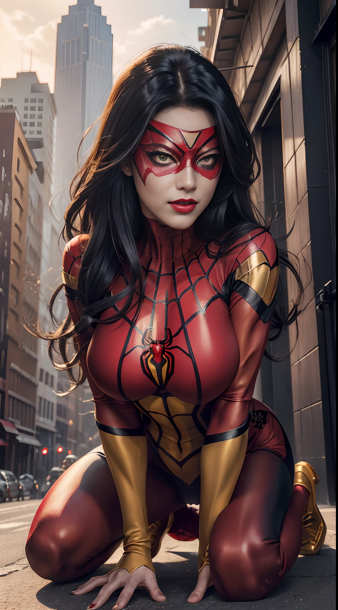 (best quality,ultra-detailed,realistic:1.37),portrait,Spider Woman,sexy red lips,detailed eyes,sensual face expression,(red spider woman mask),cosplay,poised dynamic pose,full length body,yellow iris,youthful,fierce look,graceful movement,big , elegant posture,spider-themed outfit,spider web background,vivid colors,sharp focus,beautiful lighting,hair blowing in the wind,dramatic atmosphere,high-res mastery.yellow eye iris,red spider woman mask,cheerful face,dynamic sitting pose at building ,full body figure,chrome gold pattern details on cosplay