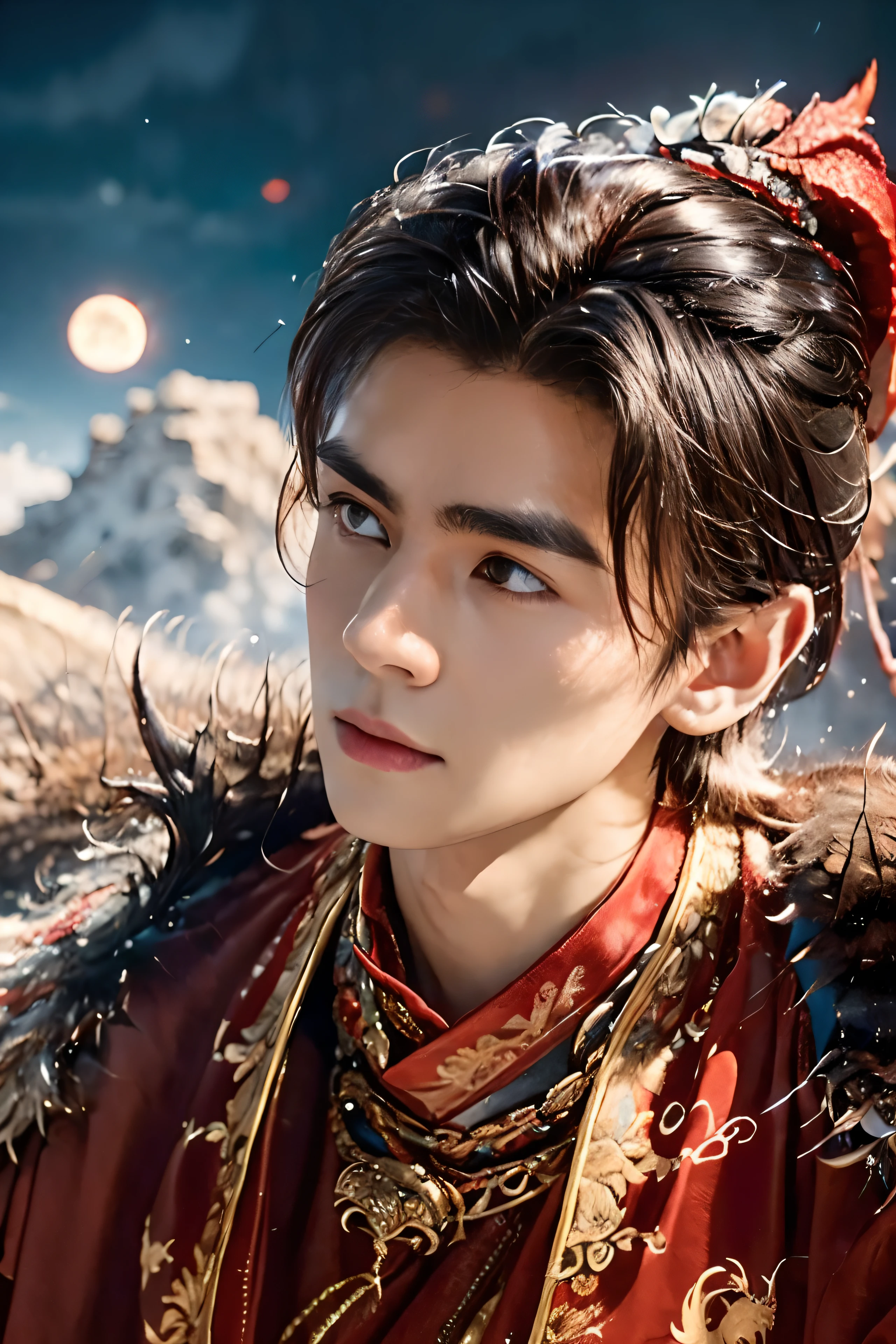 8K, masterpiece, A 21-year-old Asian man，thin eyebrows，Melon seed face，danfung Eye, Handsome face，Men's full body ，mountain in background, Time is night。Deep blue sky，A full moon，his skin is fair，He is slender,  The limbs have pronounced muscle lines，high-definition photography，Real-world scenarios，perfect eyes, perfect skin, perfect hands, Lots of detail, (red robe), wearing red long robe with white dragon embroidery, red long pants, red turtleneck shirt, fire, flame, magic, messy long hair, looking into the distance, devilish gaze at viewer, cool and seductive, standing on the top of the mountain, wind blowing, ((red dragon))