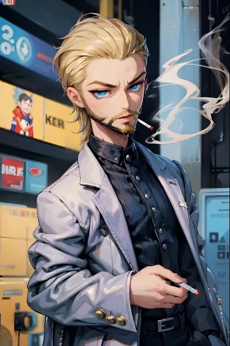 1 smoking man, smoking a joint, smoking weed, smoking, bratz boy, 1 male bratz, blonde, bearded, blue eyes.