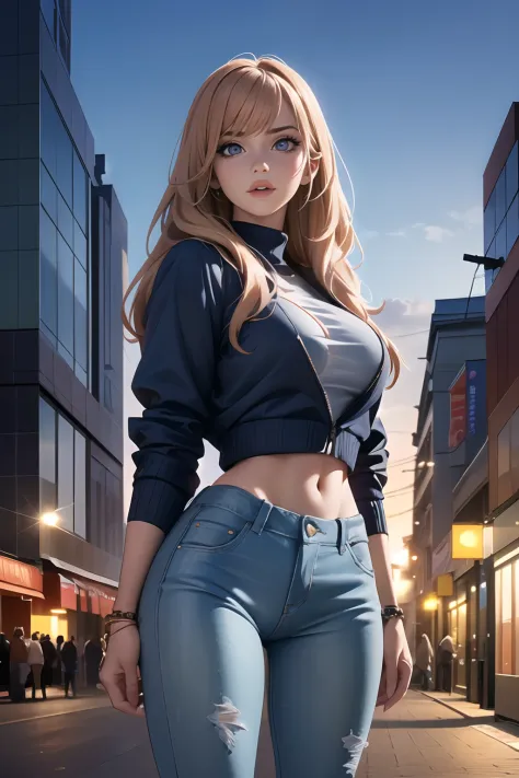 1girl,(wearing sweater and fashionablelong jacket and jeans:1.2),(RAW photo, best quality), (realistic, photo-realistic:1.4), ma...