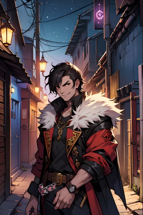 a gambler，fantasy game style，dice in hand，a bad smile，in the background is an alley，night