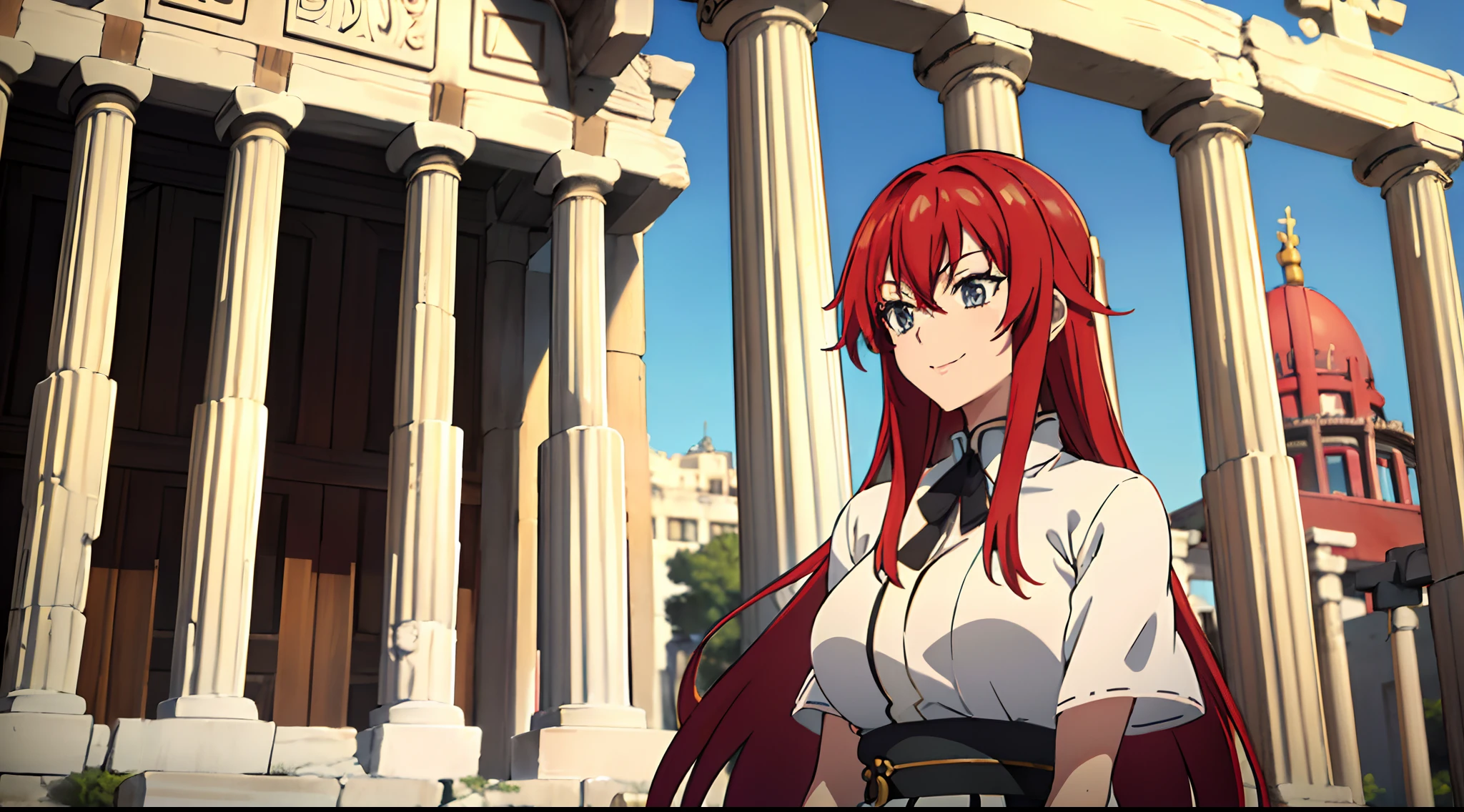 (((picture perfect))), (absurdres), 1girl, solo, rias gremory, wearing white robe and long skirt,praying beads on neck, Athens temple in background, smile, (((upper body)))