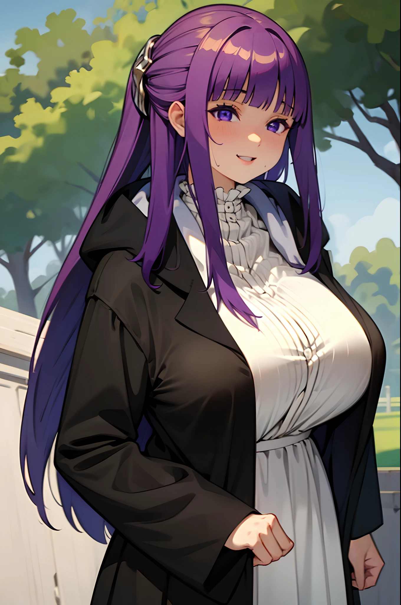 fern from frieren, anime, big breasts, white dress, long black coat, smiling, sexy, big breasts sagging under dress, sweaty, purple hair