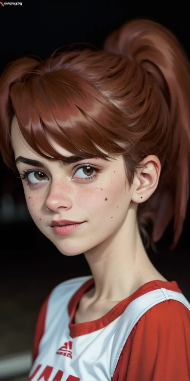 Photo of a 1-year-old European girl, .RAW, beautiful woman, (Light brown hair with ponytail hairstyle ), Ponytail hairstyle ((portrait)), ((detailed face:1.2)), ((detailed facial features)), (finely detailed skin), Pale skin , with freckles on cheeks and chest ,park, london ferris wheel、red winter clothes, red scarf、big breasts , big breasts , big smile (cool color), humid, humid, Reflectors, (Tabletop) (perfect proportions)(Realistic photos)(The best quality) (detailed) photographed with a Canon EOS R5, 50mm lens, f/2.8, NffSW, (8k) (wallpaper) (cinematic lighting) (Dramatic lighting) (sharp focus) (Convoluted) , holding hockey stick, hockey stadium  ,Whole body, beautiful woman body , Posing and waving to the camera