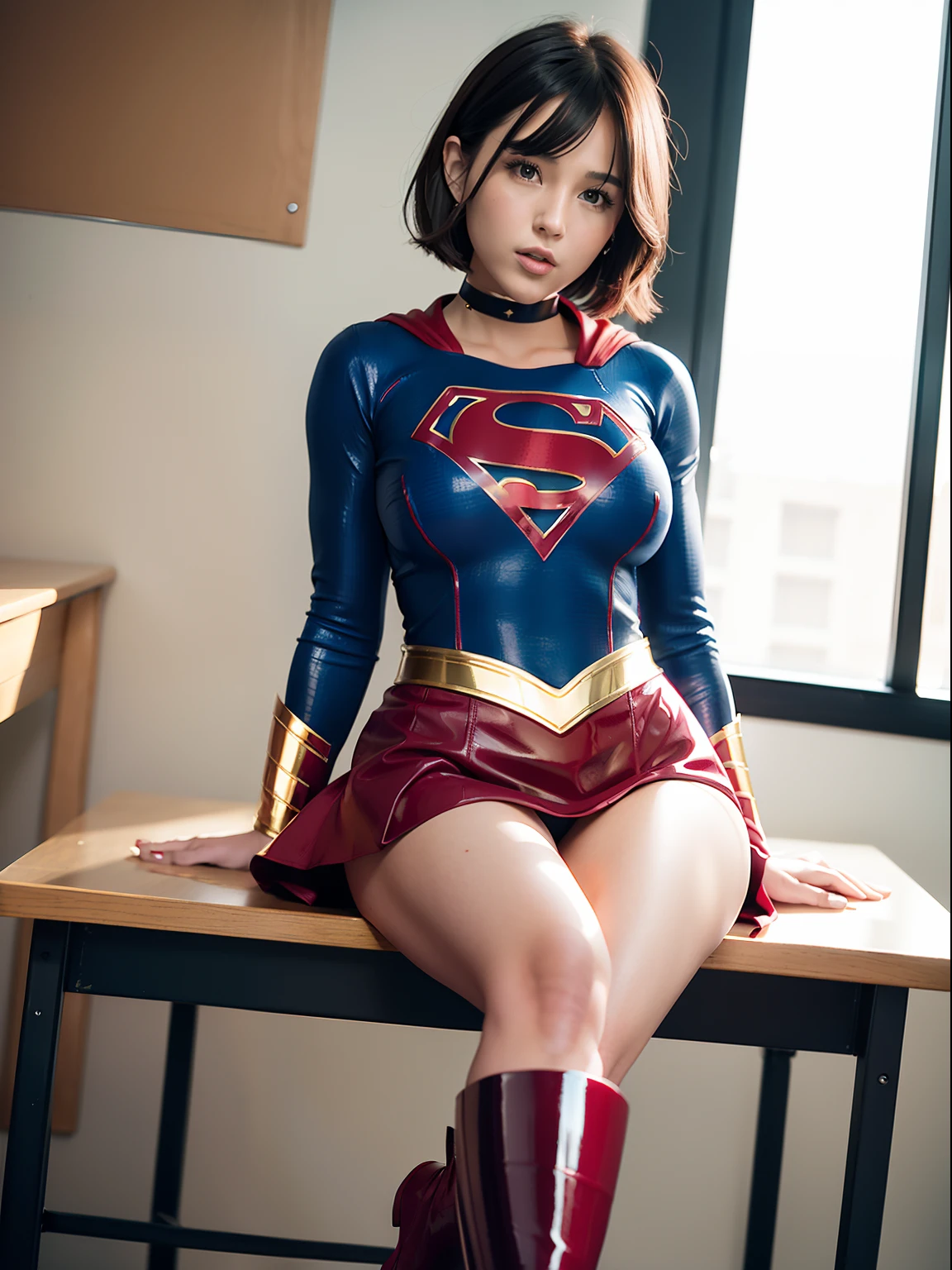 ​masterpiece,Short-haired supergirl sitting on a school desk with her legs spread、large full breasts、Looking at the camera、Glossy enamel costume、Glossy red enamel long boots、Shiny red skirt、a choker、Plump、Fluttering cloak