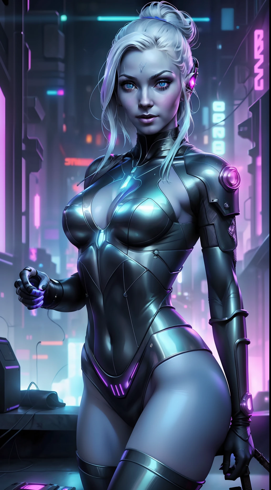 1girl, drow sexy, pele roxo-azul escura, Pale silver hair bun, ((olhos vermelhos)), orelhas de elfo, Usa ((Bodysuit Branco Sexy Cyberpunk Feiticeira)), salto alto, Empunha ((Equipe Cyberpunk)), spear ((magia da luz)), posando em um streer cyberpunk ocupado, atletic, Volumetric lighting, best quality, master part, Realistic, anatomicamente correto, (Strong cinematic lighting), detalhes impressionantes, detalhes intrincados, 8K post-production, high resolution, super detalhes, trending on ArtStation, foco nítido, profundidade de campo f/1.8, studio photos, ((Looking at camera)) sexy sensual