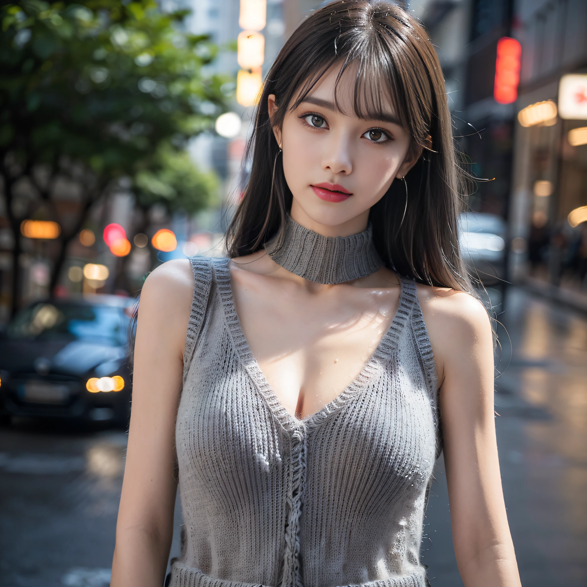 (standing in a dark street),(streetlights),(low-key lighting),(Night),randome pose, (extremely delicate and beautiful work), (Masterpiece, Honest, outgoing, and trustworthy:1.4), 1girll, Solo, Only one girl, ((Hearty Smile:0.9)), Highly detailed, waist leaking, ((Very long hair with bangs:1.5)), fascinated expression, ((small head:1.4), Very beautiful face, light skinned, Very red cheeks, Black eyeliner, Brown mascara, Brown Eyebrow Mascara, Brown Eyebrow Mascara:1.2), Vermilion Red Lip, Close lips, Very thin lips, Very clear big eyes:1.4), Beautiful and clear eyes, green eye pupil, (Dark gray Very Tight Sleeveless knitwear:1.5), BREAK ((Black leather choker:1.4)), Delicate earrings, Fairy ears, Simple blurred background, extreme detail description, Beautiful, Charming, Ultra-fine painting, Delicate face, Delicate figure, thin clavicle, Lovely lips, ((slender:1.2), (Beautiful breasts, well-shaped breasts, (Huge breasts:1.2):1.5), ((Thin body, (Thin waist, Thin under the chest, thin neck, thin shoulders, sloped shoulder:1.3), Thin arms, Thin leg)), soft behind, mix4,(8K, Raw photo, Best Quality, masutepiece:1.2), (Realistic, Photorealsitic:1.37),1girll,Cute,Cityscape, Night, Rain, Wet, Professional Lighting, photon maping, Radio City, Physically-based rendering,