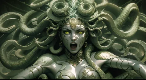 (very high resolution), (quality of masterpiece), dark and detailed sculpture, (Medusa: 1.3, Gorgona: 1.2), snakes, green eyes, sharp teeth, scales, (shadow and light), threatening, sinister, beautiful