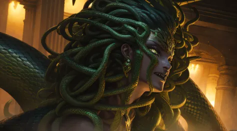 (very high resolution), (quality of masterpiece), dark and detailed sculpture, (Medusa: 1.3, Gorgona: 1.2), snakes, green eyes, sharp teeth, scales, (shadow and light), threatening, sinister, beautiful