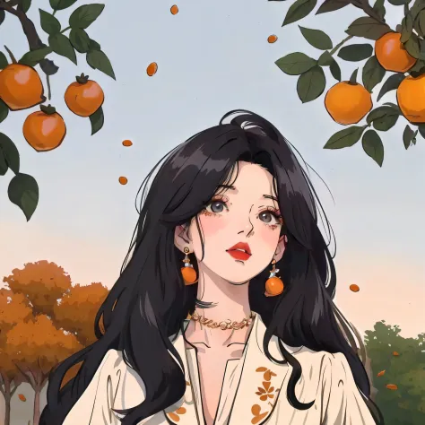 Anime girl with long black hair and orange background, Digital anime illustration, Anime style illustration, in the art style of...