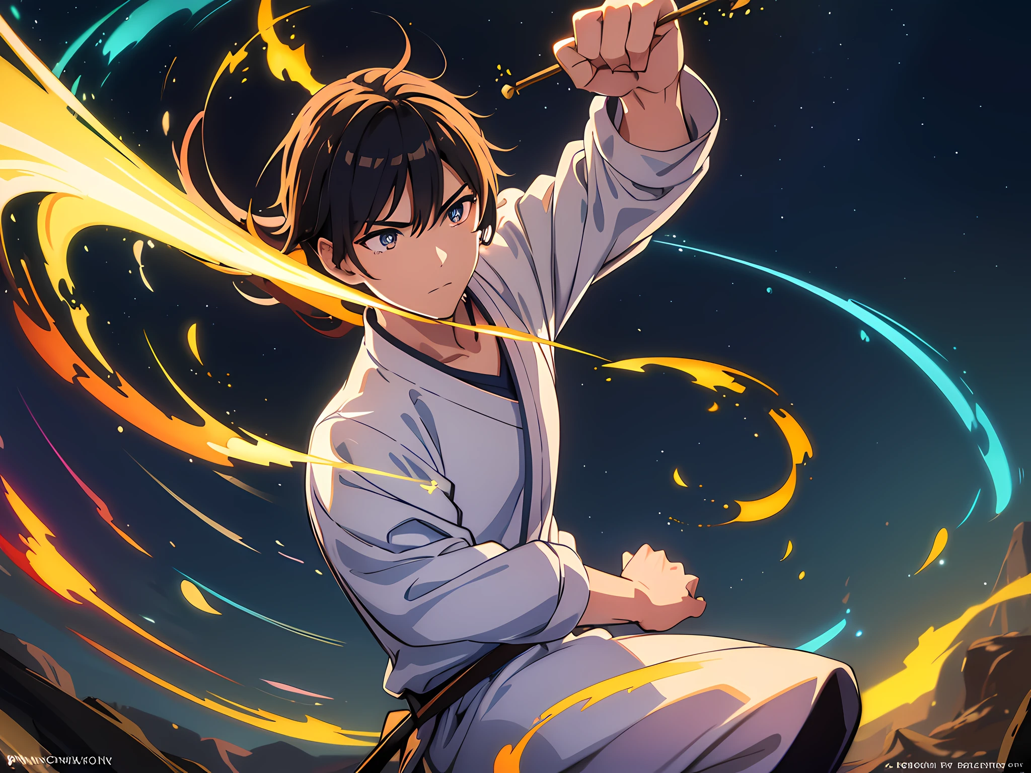 ((1 man)), ((realistic: 1.5)), ((best quality)), ((primary work)), ((detailed)), ((high quality)), ((sharp focus)), ((beautiful eyes finely detailed)), A Kung Fu artist, showing His feats in the martial arts in a small bamboo training field. He does a dynamic fighting pose, ready to puch, flames coming out from his fist, Swirling rainbows and lights on complex background, magical atmosphere, colorful glowing magic spell in the air, swirling portal, dark magic, masterpiece, high-resolution. Lighting is dramatic, emphasizing their determination. This scene captures the essence of Aftermath's journey to becoming a legendary warrior.