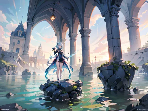 (fantasy, anime), Genshin Impact, Focalor, serene, sunset lighting, detailed water reflections, vibrant colors, magical atmosphere, mystical characters, floating islands, ethereal aura, elegant architecture