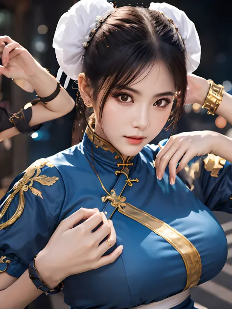 top-quality, 8k, ultra-detailliert, photorealsitic, beautiful face, 1girl in、独奏、chunli、the upper part of the body、beautiful nigh...