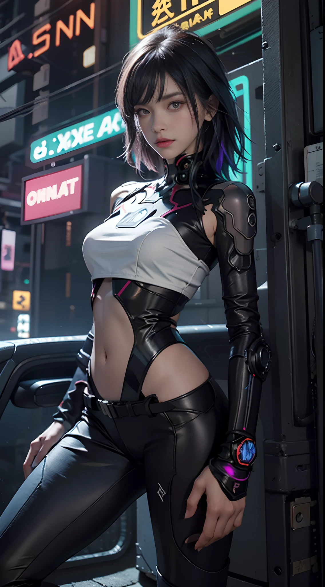 unreal engine:1.4,hiper HD,The best quality:1.4, photorealistic:1.4, skin texture:1.4, tmasterpiece:1.8, 1 chica cyberpunk, brunette hair, glowing skin, 1 orange mechanical girl, (Super realistic details)), full bodybian, global ilumination, contrast, In the shade, Rendered by Octane, ultrasharp, exposed cleavage, raw skin,Orange mini skirt, metal,Intricate yellow decorative details, Japan details, High level of detail, Raytraicing realista, Trends in CG, in front of camera, Neon light detail, mechanical limbs, blood vessels connected to the tube, Mechanical vertebrae attached to the back, mechanical cervical attachment to the neck, Wires and cables that connect to the head, Gundam, small LED lamps.14 Years Old Girl、silver hair、Perfectly rounded pupils、huge irisﾃﾞｨﾃｰﾙ, light smile,(cyberpunk:1.3)