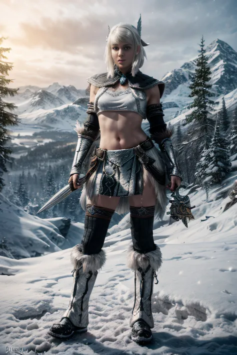 (full body:1.4), beauty girl snow elf, light crystal armor from skyrim, white short hair, spread legs, snow montain background, ...