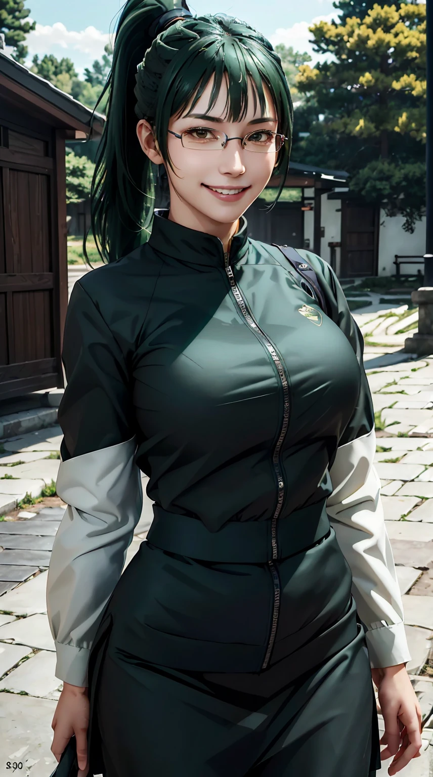 best quality, masterpiece, 1girl, (solo:1.1), raytracing, ultra detailed,detailed face, 8k wallpaper, wide hips, ZeninMakiNDV, 1girl, green hair, yellow eyes, large breasts, ponytail, glasses, jujutsu uniform, jacket,black skirt, outdoor, smile, looking at viewer,