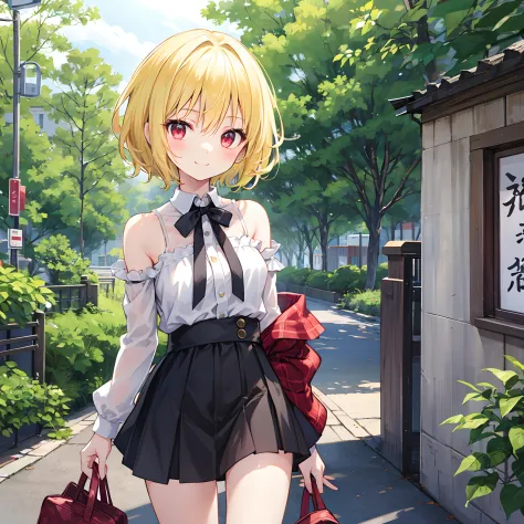 short blonde hair、Beautiful girl with red eyes１a person、独奏、off shoulders、a miniskirt、A smile、pine trees