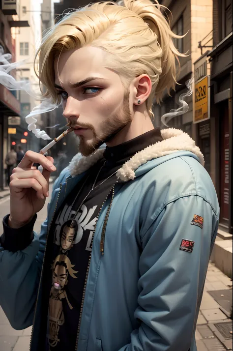 1 smoking man, smoking a joint, smoking weed, smoking, Bratz Boy, 1 male Bratz, blonde, bearded, blue eyes, brown cigarette.