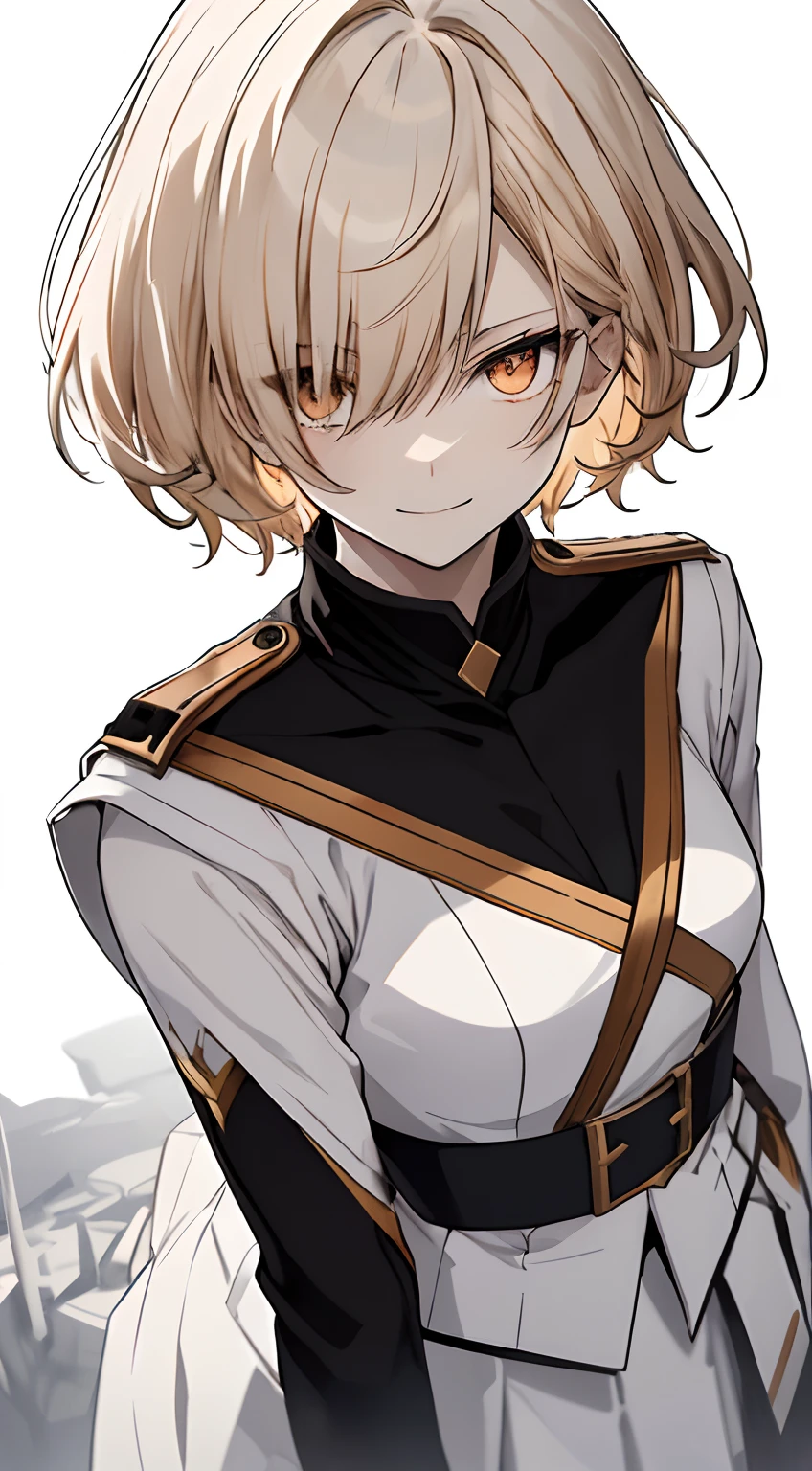 Full body, White one-piece military uniform, Jet black head of hair,(masutepiece:1.2, Best Quality), (finely detailed beautiful eye: 1.2), (beautifull detailed face), High contrast, (Best Illumination, extremely delicate and beautiful), ((Cinematic Light)), Dramatic light, Intricate details,dark orange eyes, Shining eyes,Short stature, Smaller chest、Belt under the chest、White military uniform, White skirt,blonde  hair, Black tie,  (Pale white background:1.5), Wolf cut hair, accurate hands, Smile slightly, ruddy skin, short-cut,