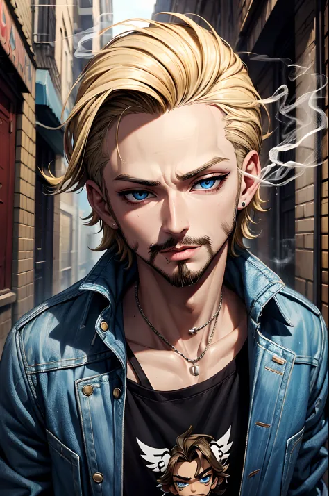 1 smoking man, smoking a joint, smoking weed, smoking, Bratz Boy, 1 male Bratz, blonde, facial hair, blue eyes, brown cigarette.