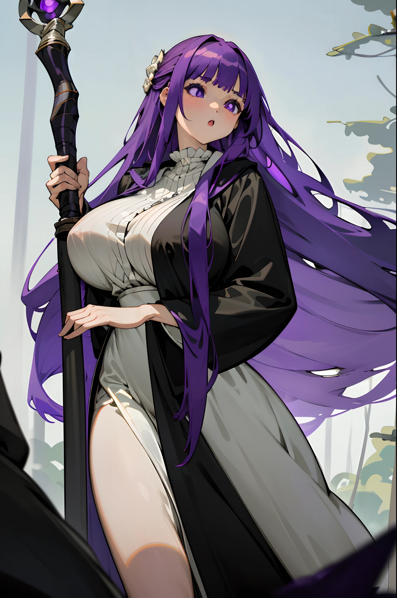 Anime girl with purple hair and a black cape holding a purple staff -  SeaArt AI