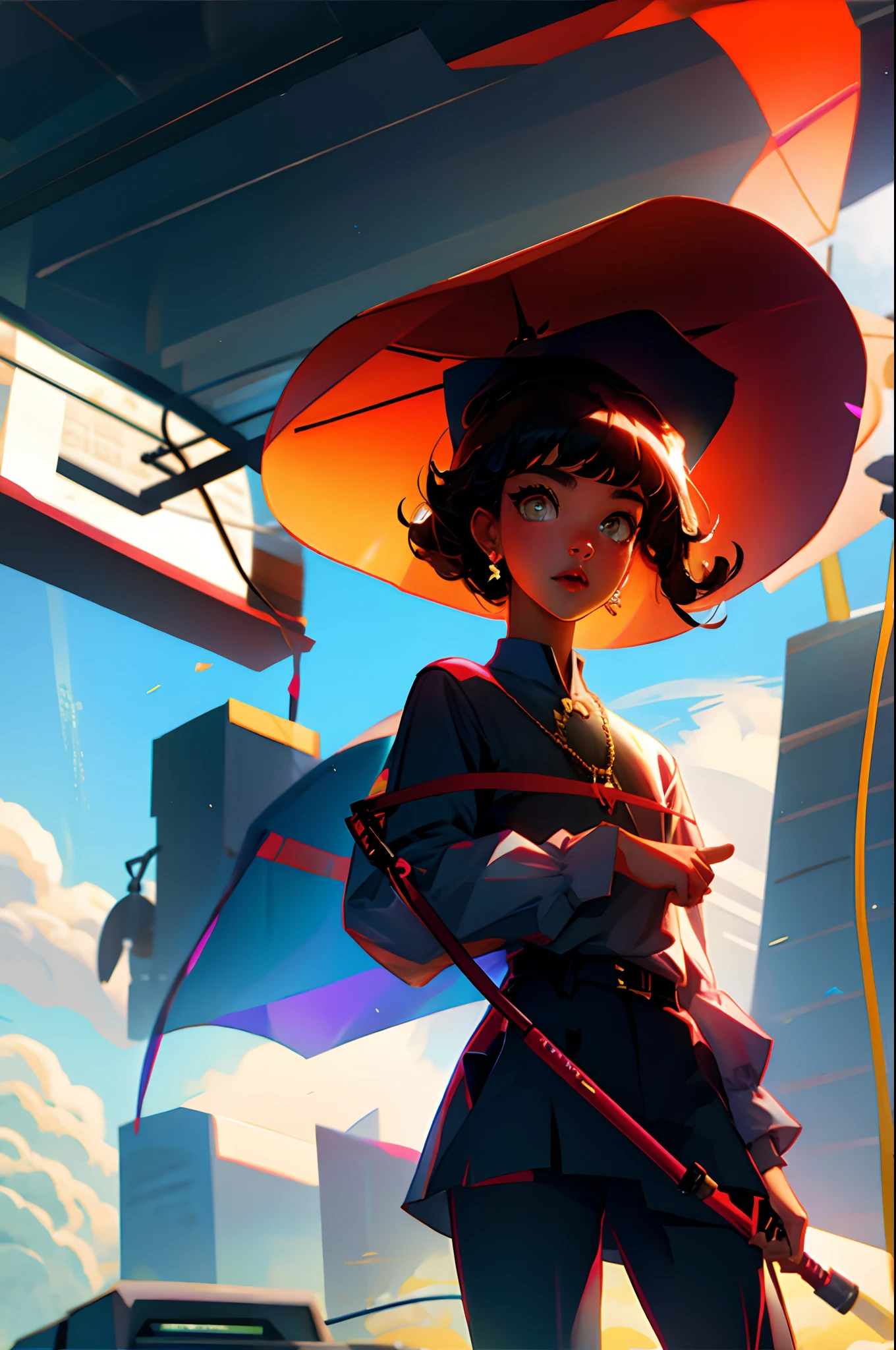 Anime girl with a large hat and a red umbrella - SeaArt AI