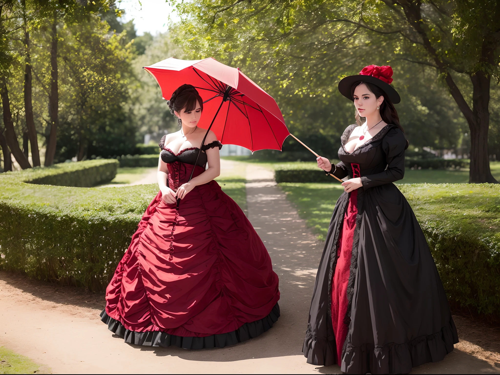 Two women in victorian dress holding umbrellas in a park - SeaArt AI