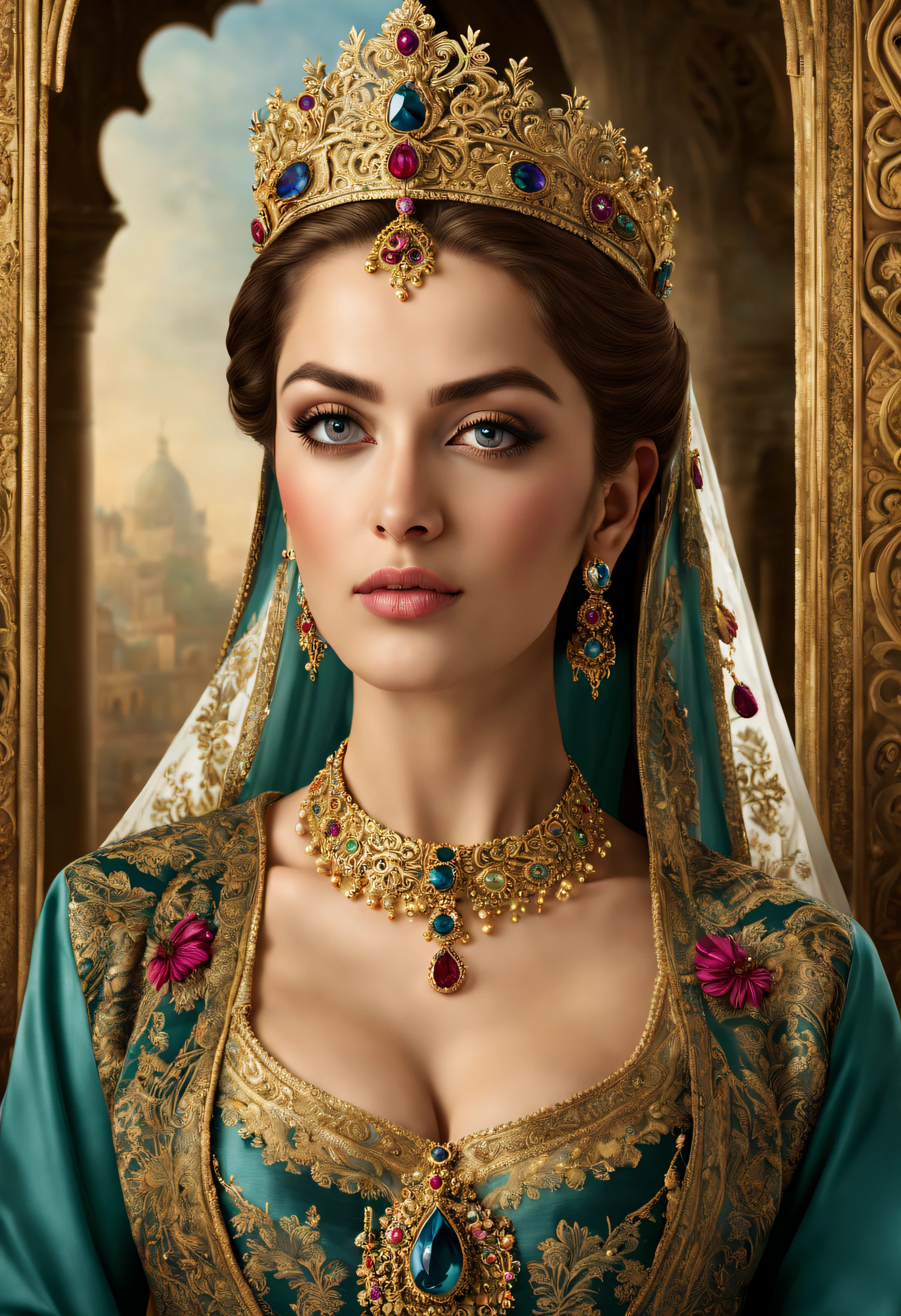 (best quality,4k,8k,highres,masterpiece:1.2),ultra-detailed,(realistic,photorealistic,photo-realistic:1.37),portrait:A stunning portrait of Roxelana, the powerful and influential wife of the Ottoman Sultan Suleiman the Magnificent. Roxelana's expressive, mesmerizing eyes captivate the viewers, with intricate details that bring them to life. Her graceful posture exudes confidence and strength. She is adorned with elaborate jewelry - a crown embellished with precious gemstones, and delicate earrings that sparkle in the light. Her lips are delicately painted, adding a touch of allure. The soft glow of natural light caresses her flawless complexion, beautifully highlighting every contour and feature of her face. The background is a rich tapestry, with vibrant hues and intricate patterns that symbolize her royal status. The painting embodies the timeless beauty and power of this historical figure, capturing her essence with utmost precision and artistry. [oil painting], [real gold leaf], [gemstone embellishments], [intricate lace details], [rich velvet fabrics], [exquisite silk brocade], [elegant floral motifs], [regal Byzantine throne], [ornate palace setting], [lush garden backdrop], [golden chandelier], [ethereal atmosphere], [subtle shadows], [masterful brushstrokes], [vivid colors], [baroque style], [dramatic lighting], [mysterious ambiance].