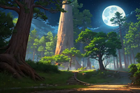 Oriental fantasy atmosphere, (((Dark Night Hours))),  (((Curved little pine tree))), (((Short, curved old pines as tall as a man))), (((The end of the tree is visible on the screen))),  Flat feeling without vanishing point perspective,  photorealistic lighting, (((At night when the moonlight is faint))),  high-definition details, ​masterpiece, Best quality at best, (Highly detailed CG integrated 8k wallpaper), (Top  Quality),  Forest scenery,  The dark hour after sunset, The size of the tree is small and it has a lot of curves, Tall pine forest