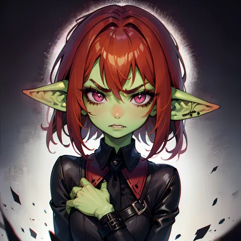 1 girl, portrait, goblin girl, green skin, red hair, short hair, bobcut, lip piercing, pink eyes, black shirt, black tie, black ...